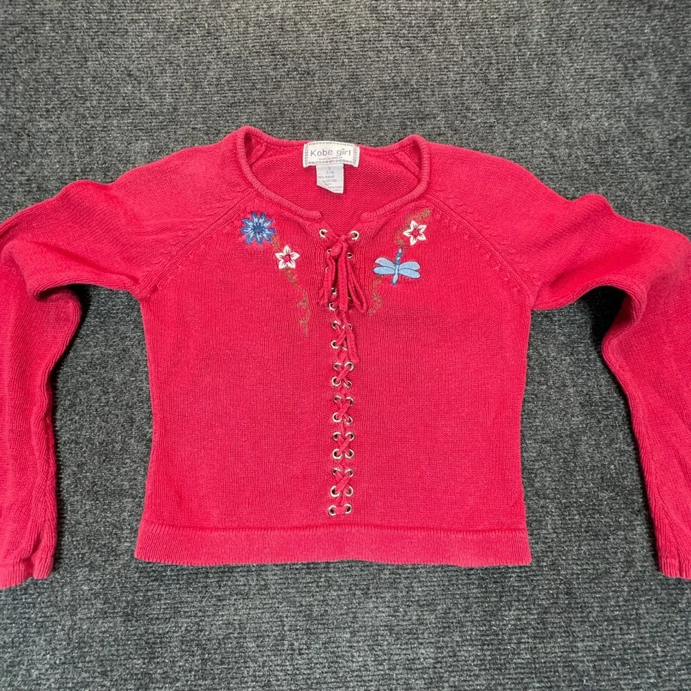 Kobe Girl Knit Sweater Kids Size 7/8 Pink Y2K Embroidered Lace Up Boho Top